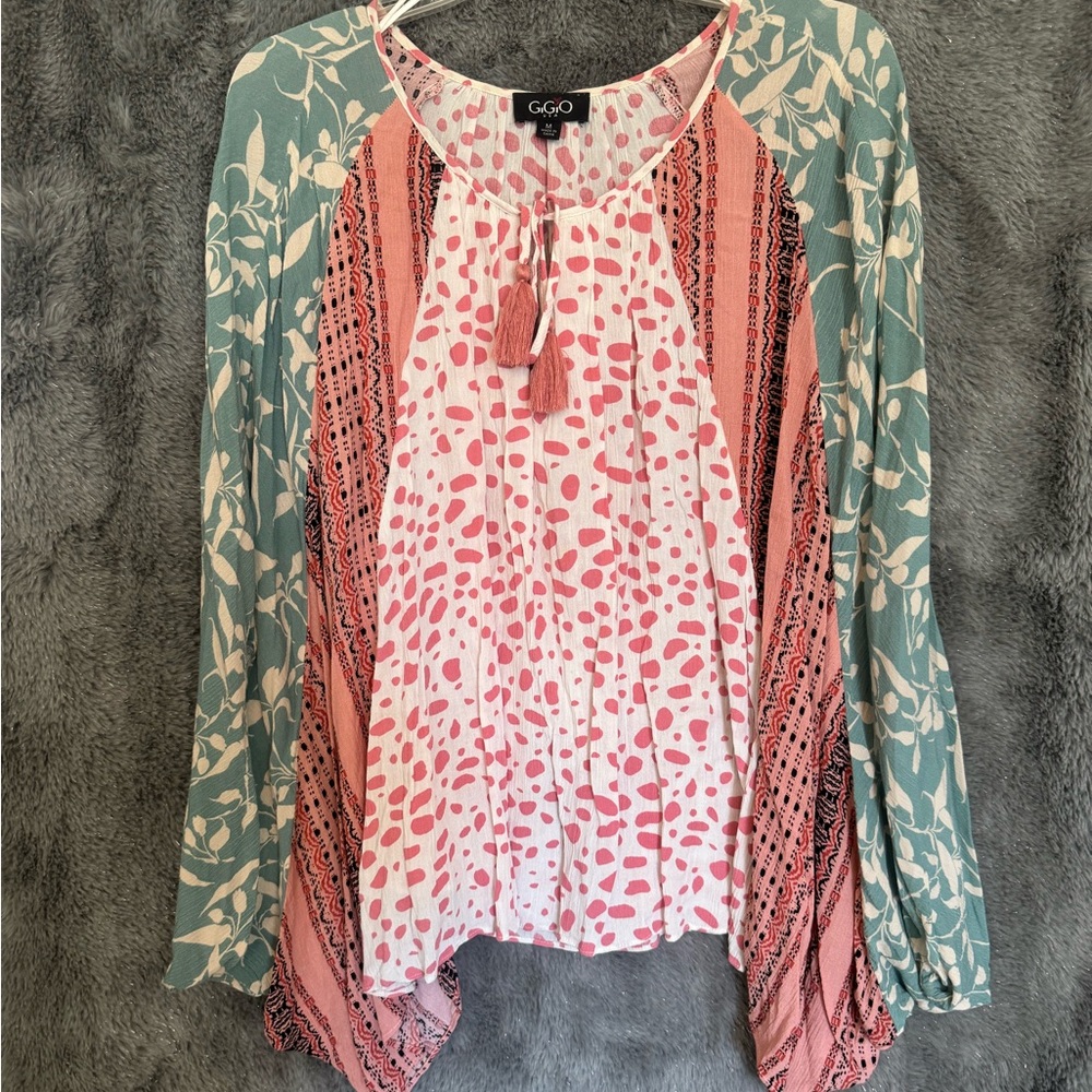 Boutique blouse by GiGiO. Multi-print, great transitional piece.